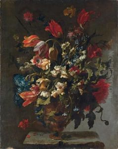 Narcissi, Daffodils, Clematis, 
Tulips, Carnations And Other Flowers In An Ornemental Vase On A Stone 
Legde by Mario Nuzzi Mario Dei Fiori