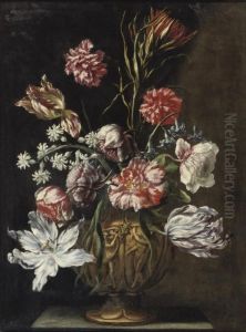 Tulips, Marigolds And Other Flowers In A Sculpted Vase On A Stone Ledge by Mario Nuzzi Mario Dei Fiori