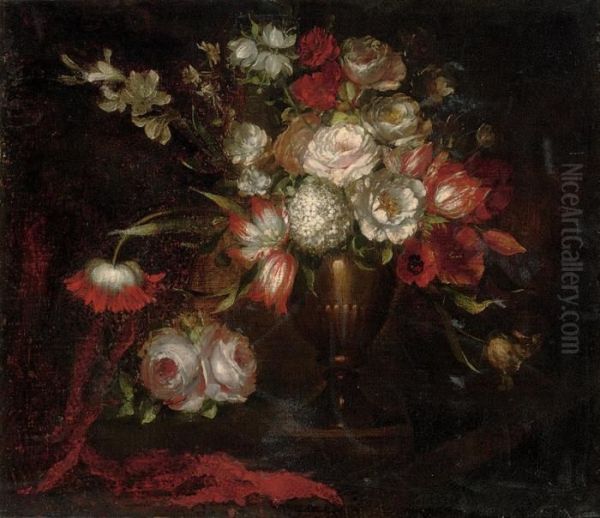 Roses, Tulips, Parrot Tulips, Lilies And Other Flowers In An Urn - view 1