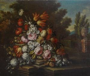 Still-life Of Various Flowers On A Stone Plinth, In A Classical Landscape
