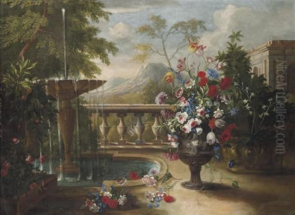 Une Urne De Fleurs Pres D'une Fontaine Dans Un Parc - view 1