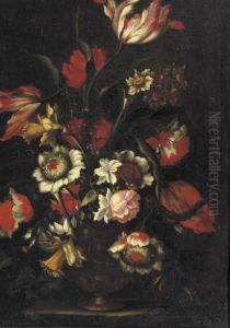 Tulips, Roses, Narcissi And Other Flowers In A Vase On A Ledge