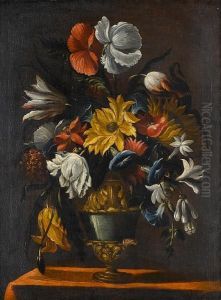 A Sunflower, Convolvulus, Poppies And Other Flowers In An Urn On A Table Top