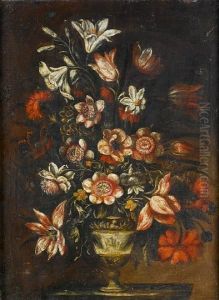 Narcissi, Lilies, Tulips And Other Flowers In A Classical Urn On A Plinth