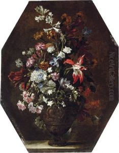 A Lily, An Iris, Carnations, Chrysanthemums And Other Flowers In Abronze Relief Urn by Mario Nuzzi Mario Dei Fiori