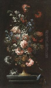 Roses, Carnations, Parrot 
Tulips, Chrysanthemums, Narcissi, Clematis And Other Flowers, In A 
Sculpted Urn On A Stone Plinth