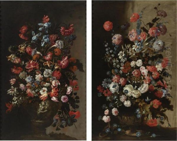 Still Life Of Tulips, Irises, 
Poppies And Other Flowers In A Sculpted Vase; Still Life Of Roses, 
Lilies, Poppies, Morning Glories And Other Flowers In A Sculpted Vase, 
With Two Partridges - view 1