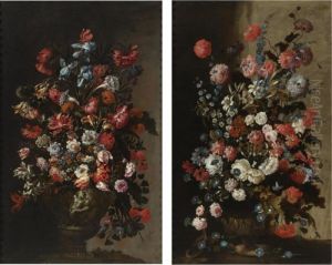 Still Life Of Tulips, Irises,
Poppies And Other Flowers In A Sculpted Vase; Still Life Of Roses,
Lilies, Poppies, Morning Glories And Other Flowers In A Sculpted Vase,
With Two Partridges by Mario Nuzzi Mario Dei Fiori