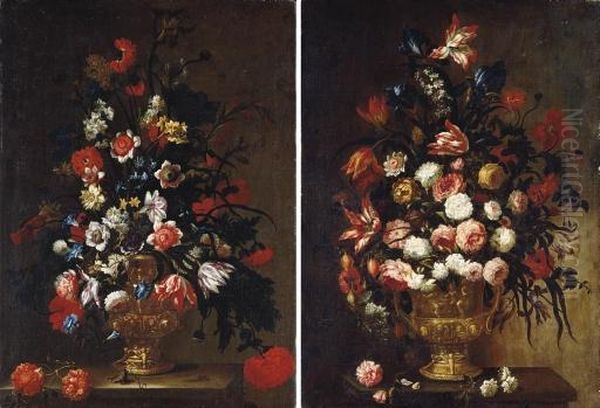 Tulips, Roses, Carnations,
Morning Glory, Narcissi And Other Flowers In A Sculpted Urn On A Stone
Ledge; And Irises, Tulips, Carnations, Roses, Poppies And Other Flowers
In A Sculpted Urn On A Stone Ledge - view 1