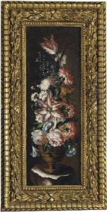 Tulips, Chrysanthemums, Morning Glory And Other Flowers In A Classical Urn On A Ledge by Mario Nuzzi Mario Dei Fiori