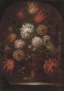 Chrysanthemums, Tulips And Other Flowers In An Urn, In A Feigned Oval
