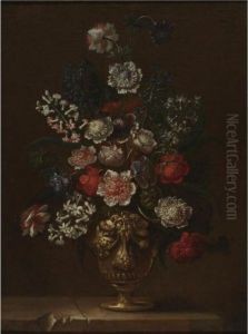 Still Life Of Flowers In An Urn On A Marble Ledge by Mario Nuzzi Mario Dei Fiori