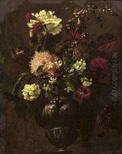 Tulips, Carnations And Other Flowers In A Sculpted Vase