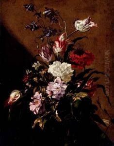Roses, Tulips, Columbine, A Carnation, Morning Glory And Other Flowers In A Glass Vase
