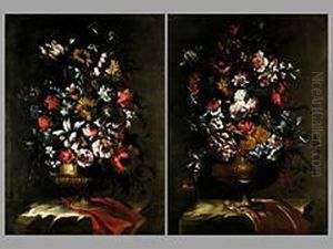 Stillleben Mit Blumen In Vase Auf Draperie by Mario Nuzzi Mario Dei Fiori