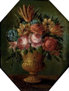 Parrot Tulips, Roses, Chrysanthemums And Other Mixed Flowers In An Urn