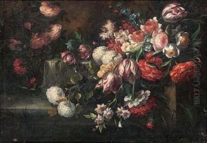 Roses, Parrot Tulips, Morning Glory And Other Flowers On A Ledge by Mario Nuzzi Mario Dei Fiori