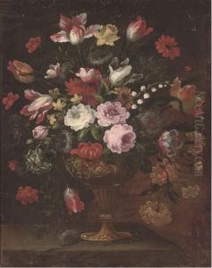Parrot Tulips And Other Flowers In An Urn On A Ledge Parrot Tulips And Other Flowers In An Urn On A Ledge