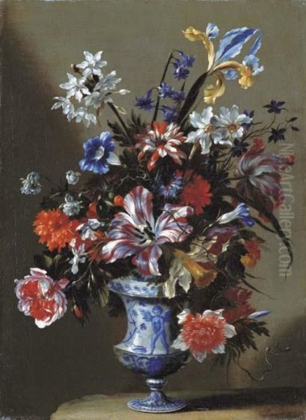 Lilies, Peonies, Narcissi,
Morning Glory And Other Flowers In A Blue And White Vase On A Stone
Ledge - view 1