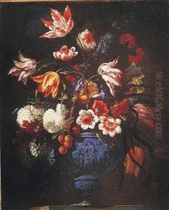 Par De Bodegones De Flores En Vasos Esculpidos Sobre Repisas De Piedra..