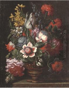 Parrot Tulips, Carnations, Narcissi, Roses And Other Flowers In An Urn On A Stone Ledge