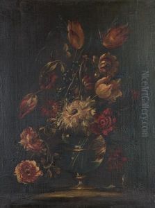 Tulips, Chrysanthemums, Convolvulus And Other Flowers In A Glass Vase On A Ledge by Mario Nuzzi Mario Dei Fiori
