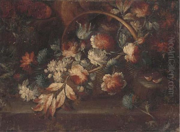 A Basket Of Flowers On A Ledge In A Clearing by Mario Nuzzi Mario Dei Fiori