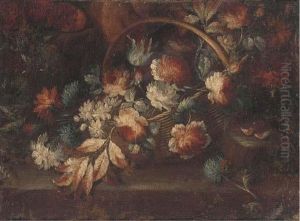 A Basket Of Flowers On A Ledge In A Clearing by Mario Nuzzi Mario Dei Fiori