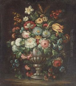 Roses, Carnations, Morning Glory, A Tulip And Other Flowers In Avase On A Ledge