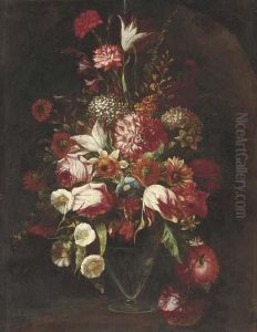 Parrot Tulips, Roses, Narcissi,
Hydrangeas, Convolvulus And Otherflowers In A Glass Vase In A Niche by Mario Nuzzi Mario Dei Fiori