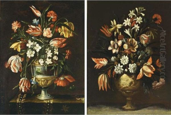 A Still Life With Tulips,
Jasmin, Carnations, Auricula And Other Flowers In A Silver Gilt Vase On A
Draped Table - view 1