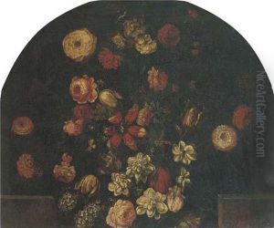 Roses, Tulips And Other Flowers In An Urn On A Ledge by Mario Nuzzi Mario Dei Fiori