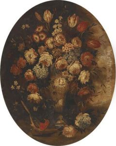 Roses, Tulips And Other Mixed Flowers In A Chinese Vase With Abird