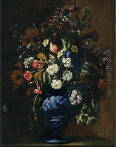 A Still Life With Roses,
Carnations, Poppy Anemones, Cornflowers, Irises, Lilies And Other
Flowers In A Blue Sculpted Stone Vase by Mario Nuzzi Mario Dei Fiori