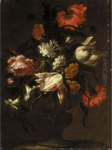 Flower Still Life, Including Roses And Tulips, In A Stone Vase