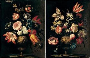 Still Lifes Of Various Flowers
In Terracotta Vases With Female Figures In Relief, Upon Stone Plinths by Mario Nuzzi Mario Dei Fiori