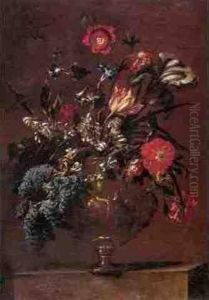 Still Life Of Flowers In A Sculpted Vase by Mario Nuzzi Mario Dei Fiori