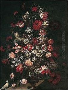 Still Life Of Various Flowers In An Ormolu Vase by Mario Nuzzi Mario Dei Fiori