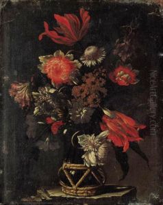 Parrot Tulips, Chrysanthemums, A Thistle, And Other Flowers In Avase On A Stone Ledge