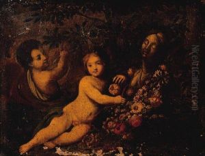 Putti With Carnations, Lilies, Tulips, Peonies And Otherflowers