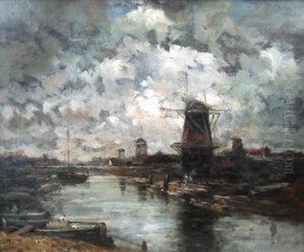Figures In A Dutch River Landscape With Windmills - view 1