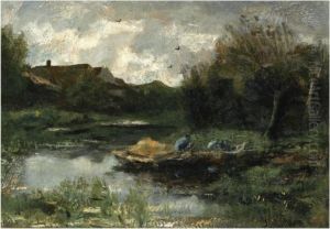 A Summer Landscape With A Peasant In A Barge by Jacob Henricus Maris