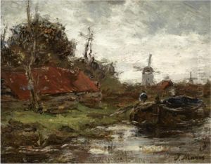 A Polder Landscape With Figures In A Boat