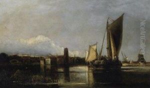 Evening In Front Of Dordrecht. Incoming Boats On The Water by Jacob Henricus Maris