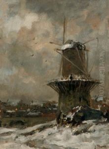 Korenmolen In Besneeuwd Landschap Bij Avond: A Windmill In The Snow by Jacob Henricus Maris