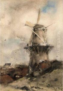A Windmill In A Polder Landscape by Jacob Henricus Maris