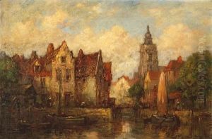 A Dutch Town Scene With Boats On A Canal