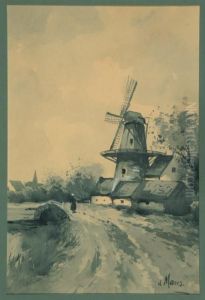 Woman On A Dirt Road With Windmill