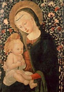 Madonna and Child seated, Child holding a Bird