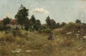 Junge Magd Mit Korb In
 Sommerlicher Landschaft.